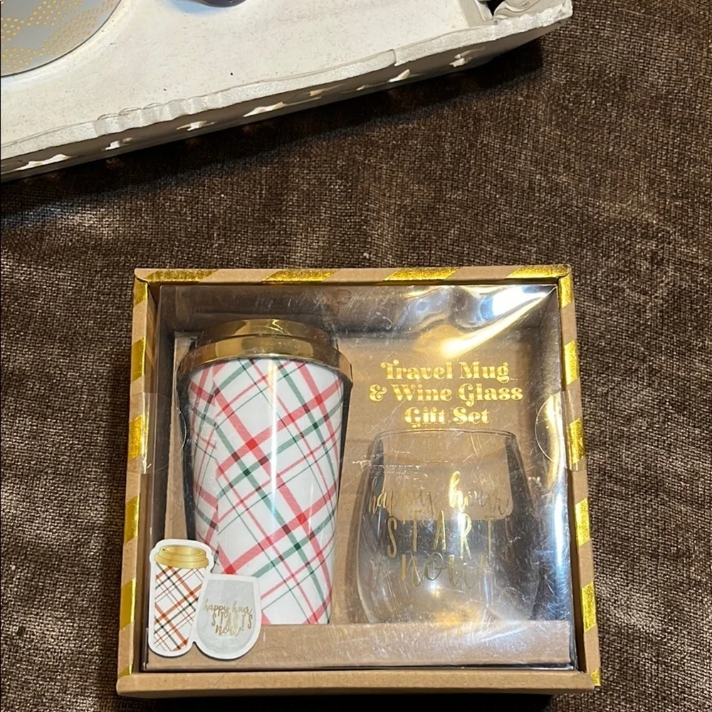 NWT Plaid Travel Mug and Wine Glass Gift Set